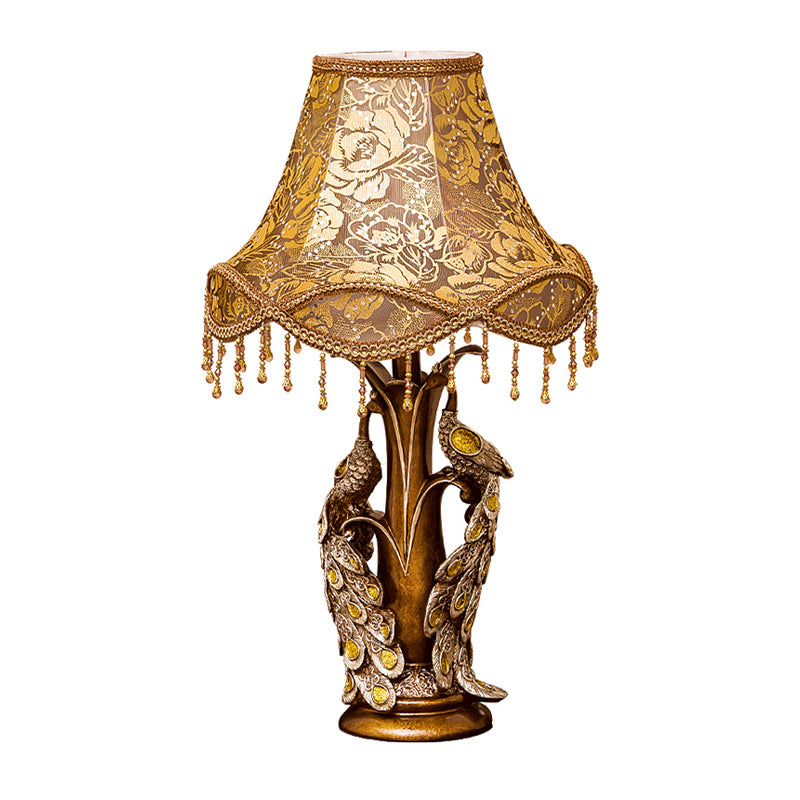Scalloped Rose Print Fabric Table Light Traditional 1-Light Bedside Night Lamp with Peacock Decoration in Gold