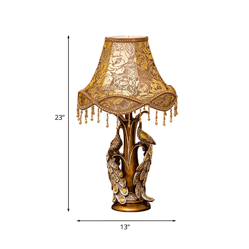 Scalloped Rose Print Fabric Table Light Traditional 1-Light Bedside Night Lamp with Peacock Decoration in Gold