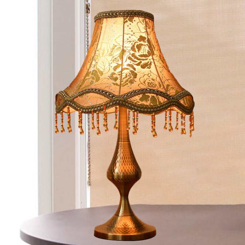 Brass 1 Head Night Stand Lamp Vintage Floral Print Fabric Flared Table Light with Scalloped Trim and Fringe