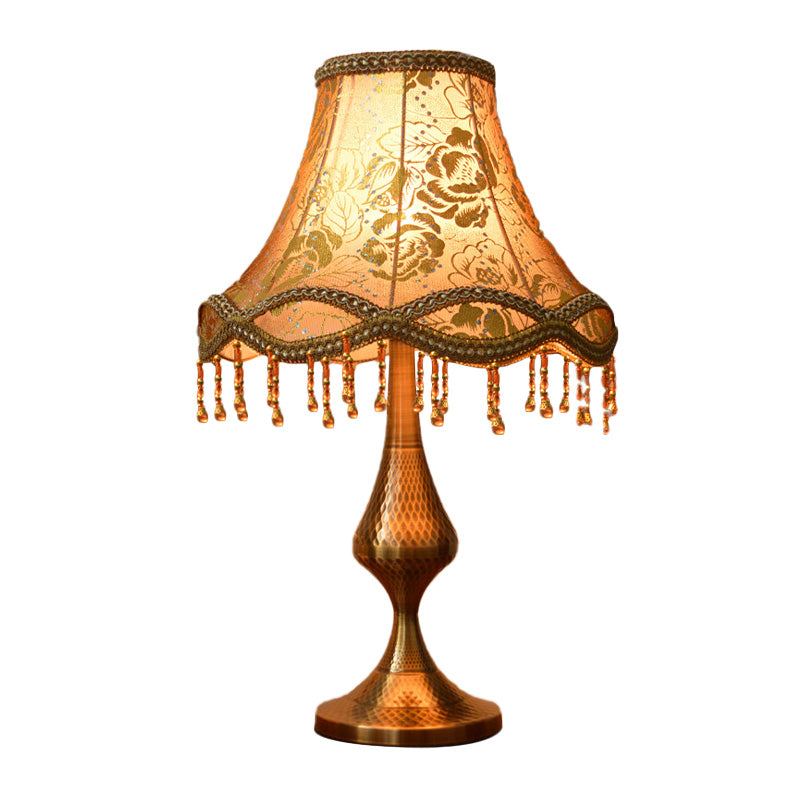 Brass 1 Head Night Stand Lamp Vintage Floral Print Fabric Flared Table Light with Scalloped Trim and Fringe