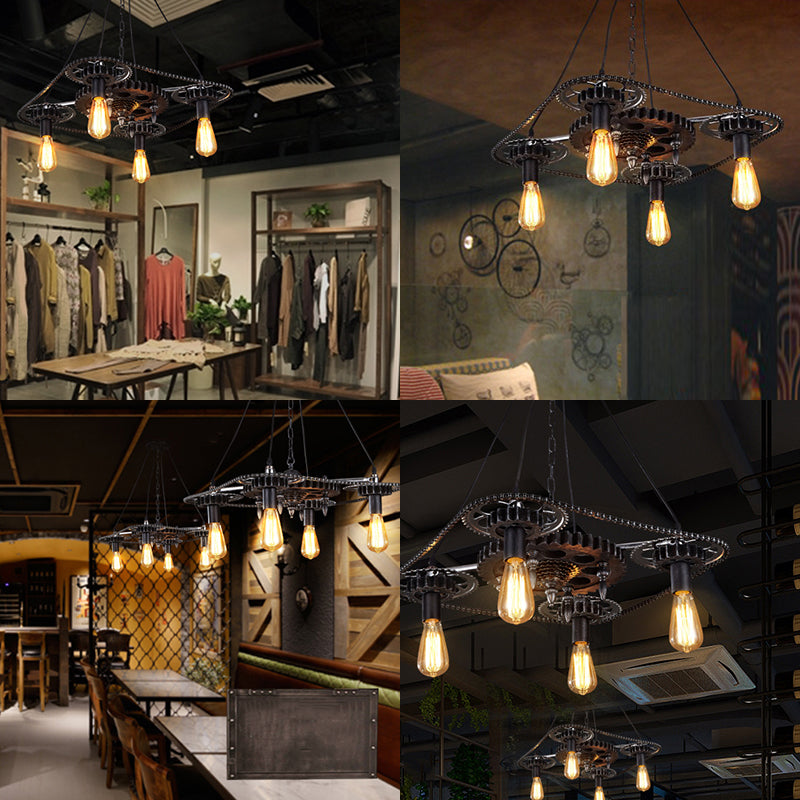 Finitura nera 4 teste Sofiling Aiuging Style Industrial Style Metallic Bare Bulb Light Light With Gear Deco
