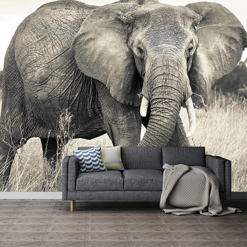 Whole Photo Style Minimalist Mural Wallpaper for Guest Room Decoration with Elephant Design in Grey