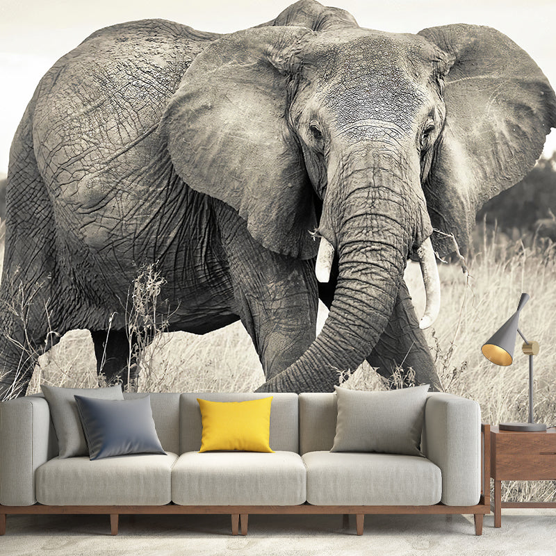 Whole Photo Style Minimalist Mural Wallpaper for Guest Room Decoration with Elephant Design in Grey