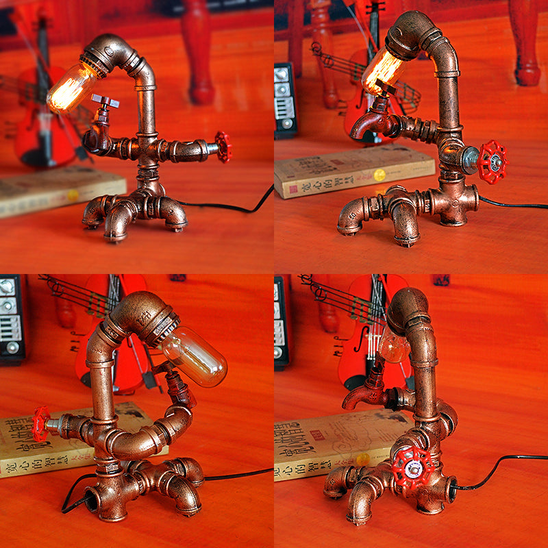 Iron Pipe Man Table Lighting Rustic 1 Head Restaurant Table Lamp with Red Valve and Faucet in Bronze Finish