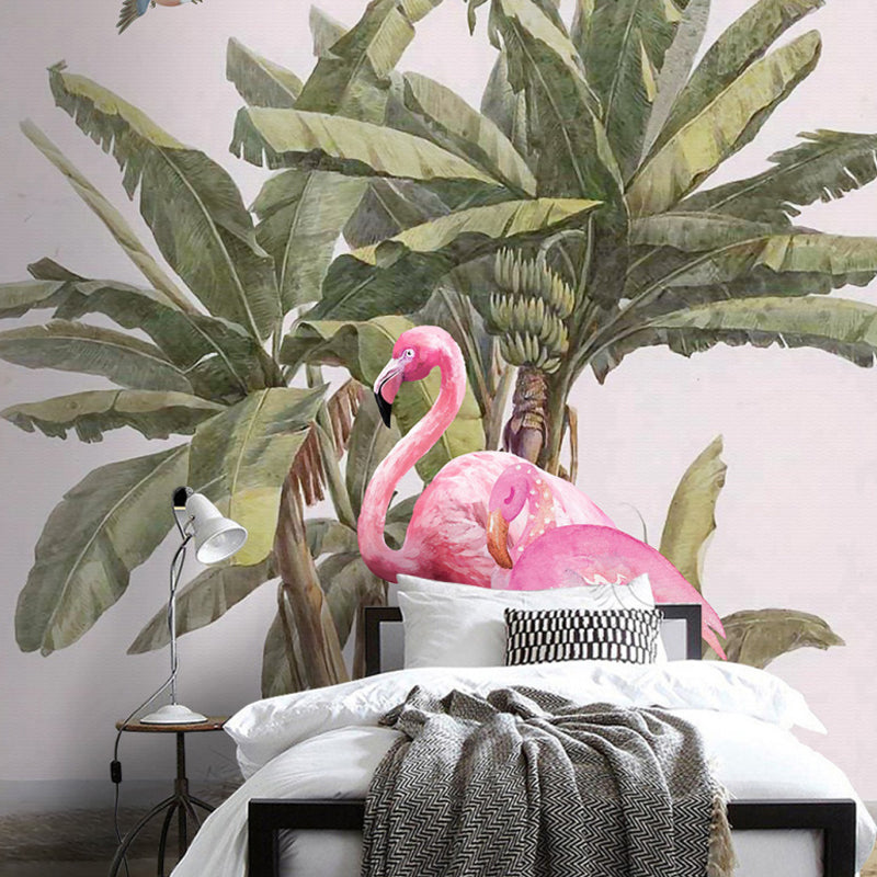 Bird and Flamingo Mural Wallpaper for Girl's Bedroom Decoration, Pink and Green, Made to Measure
