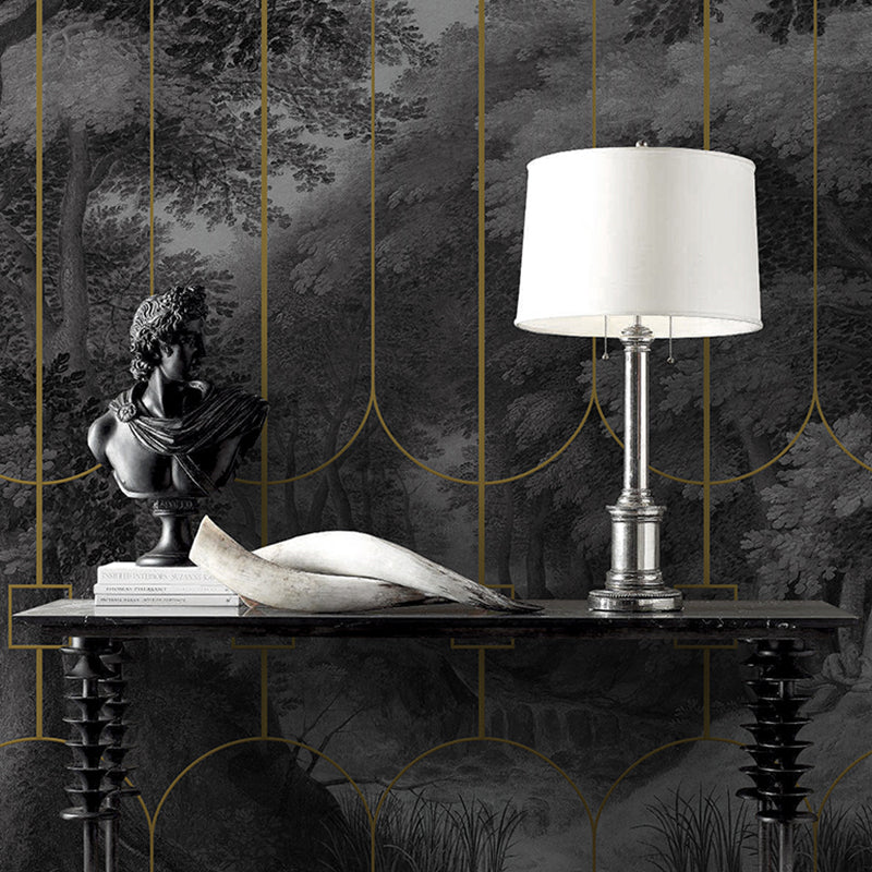 Enormous Photo Original Mural Wallpaper for Living Room Decor with Railings and Forest Design in Dark Grey