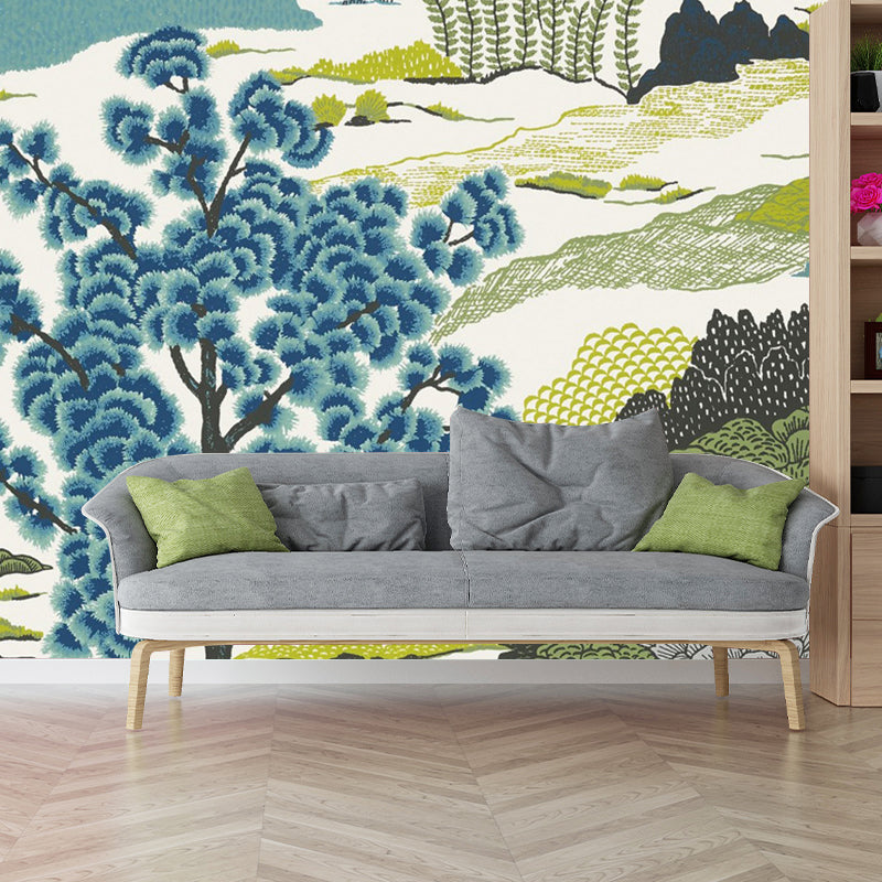 Countryside Watercolors of Forest Mural in Green and Blue Bedroom Wall Art, Made to Measure