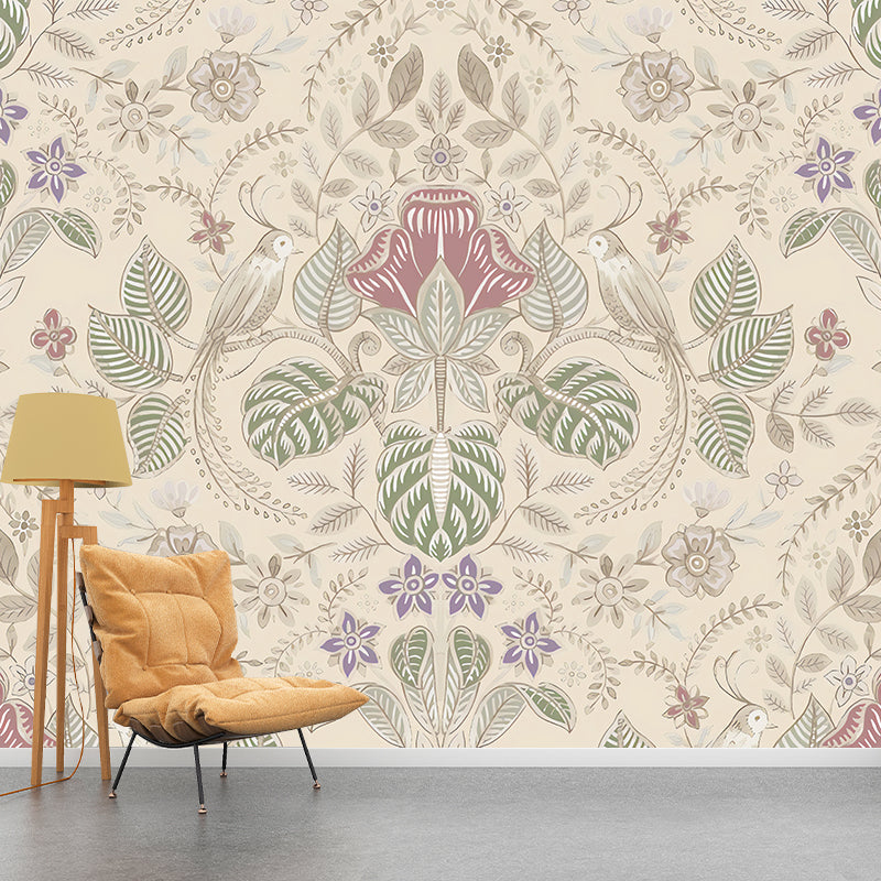 Bohemian Bird and Flower Mural Wallpaper for Accent Wall, Personalized Size Wall Decor in Natural Color