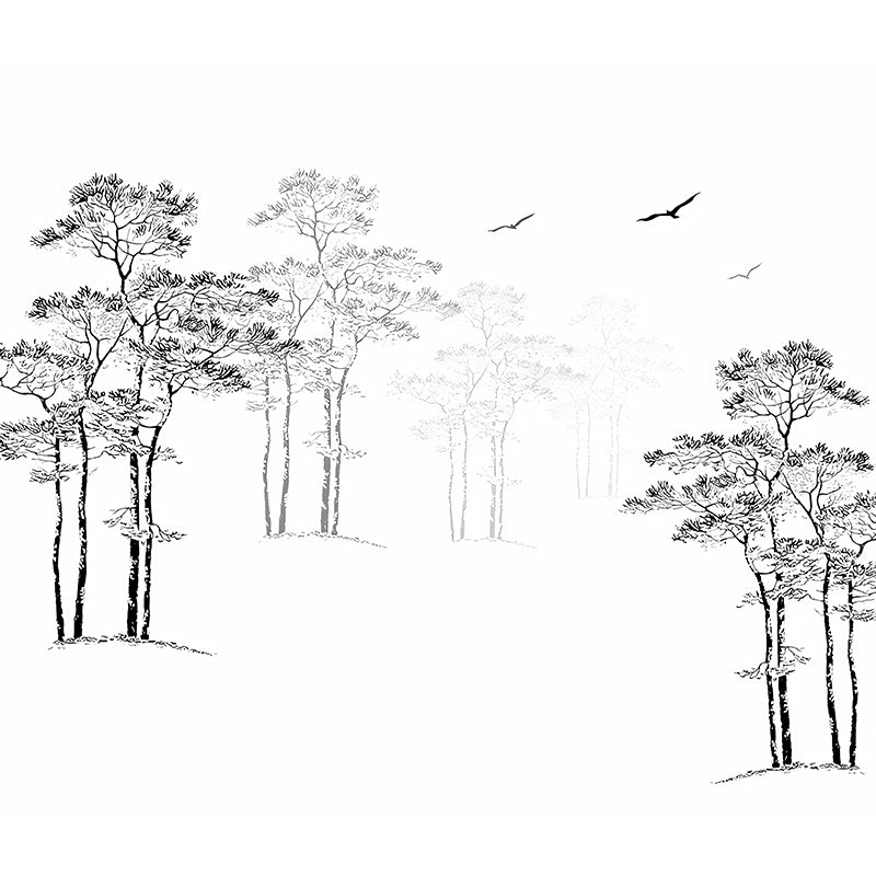 Whole Pine Tree Wall Decor for Guest Room Flying Bird Wall Mural in Black and White, Water-Resistant