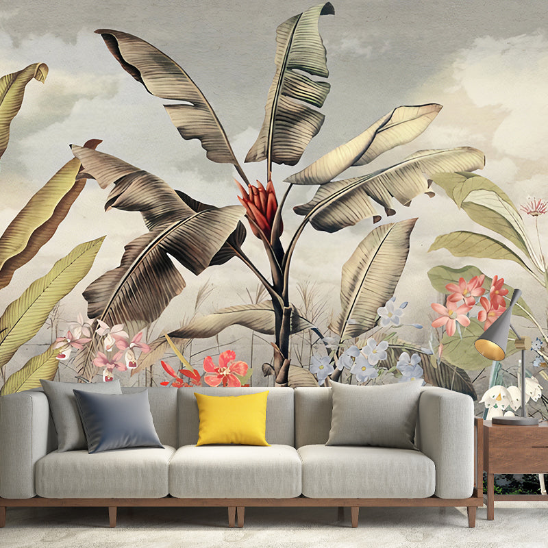 Big Illustration Nordic Wall Mural for Guest Room with Banana Leaf and Blossoms Design in Green