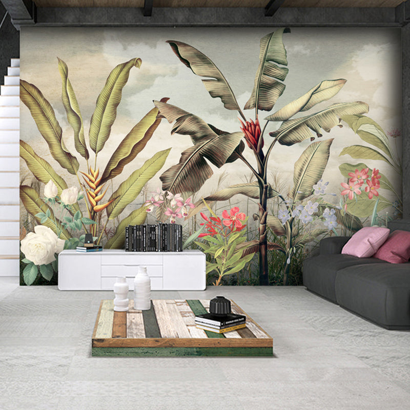 Big Illustration Nordic Wall Mural for Guest Room with Banana Leaf and Blossoms Design in Green