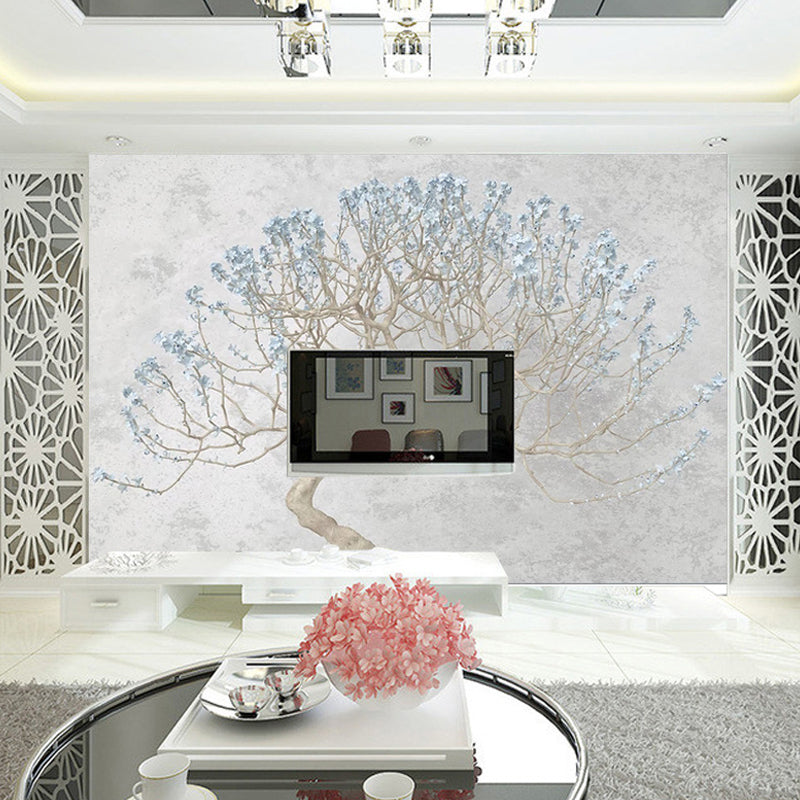 Blue Watercolors of Tree Mural Wallpaper Water-Resistant Wall Covering for Accent Wall