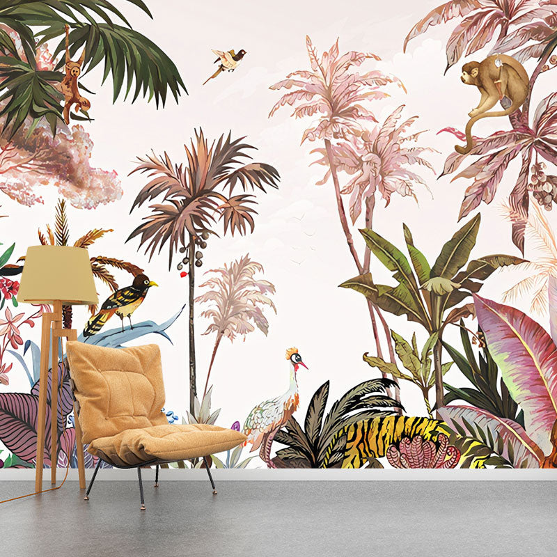 Tropical Plants Wall Mural Decal for Accent Wall, Pastel Pink, Personalized Size Available