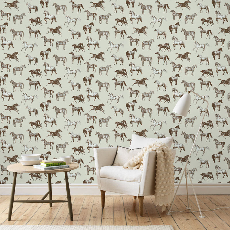Full Size Minimalist Mural Wallpaper in Grey and Black Galloping Horses Wall Art for Coffee Shop