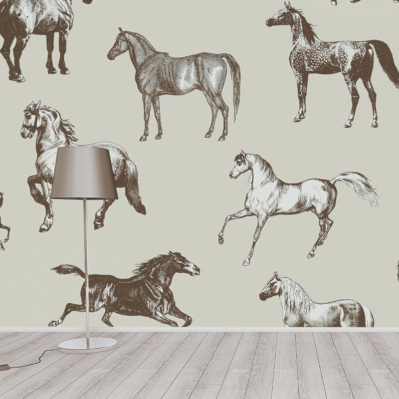 Full Size Minimalist Mural Wallpaper in Grey and Black Galloping Horses Wall Art for Coffee Shop