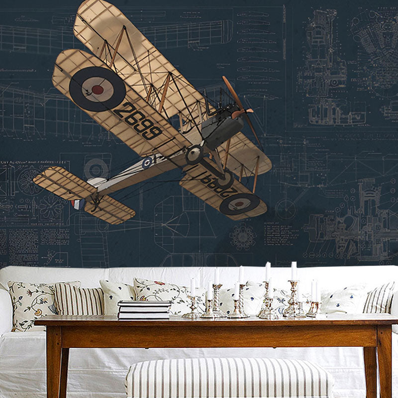 Old Airplane Wall Mural Decal for Children's Bedroom, Neutral Color, Customized Size Available