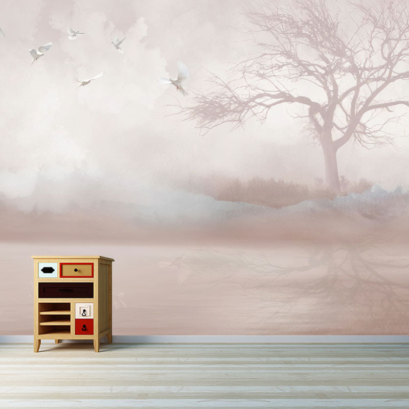 Full Contemporary Wall Mural Decal in Pastel Color Misty Tree Wall Covering, Custom Size Available