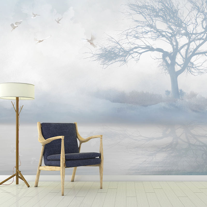 Full Contemporary Wall Mural Decal in Pastel Color Misty Tree Wall Covering, Custom Size Available