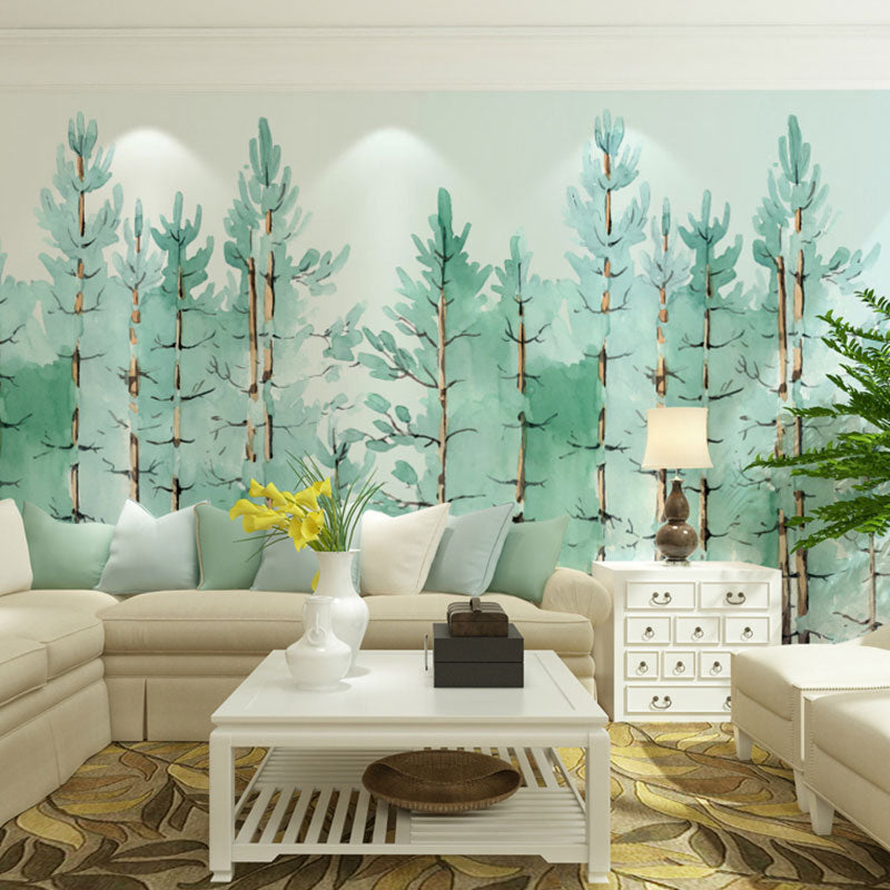 Watercolors of Pine Tree Mural for Study Room Decoration Minimalist Wall Art, Personalized Size Available