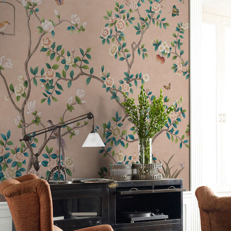 Big Illustration Countryside Wall Mural Decal for Home Decoration with Garden Blossoms Design in Natural Color