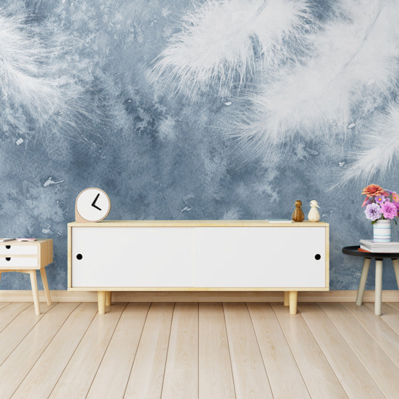 Whole Feather Wall Mural Decal for Home Decoration Misty Wall Art in Blue and White, Water-Resistant