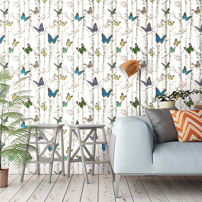 Birch Tree and Butterfly Wallpaper Roll Peel and Stick Wall Covering for Coffee Shop
