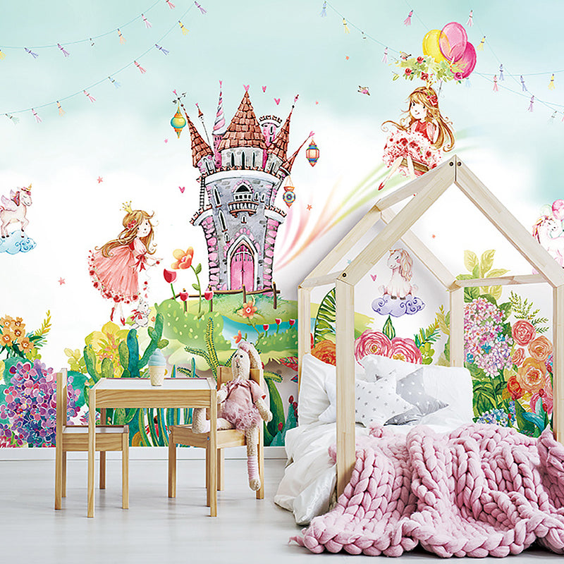Enormous Illustration Contemporary Mural Wallpaper for Kids with Castle and Princess Pattern in Pink and Green