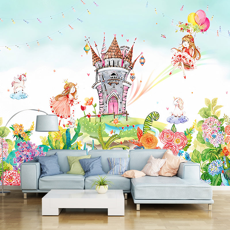 Enormous Illustration Contemporary Mural Wallpaper for Kids with Castle and Princess Pattern in Pink and Green