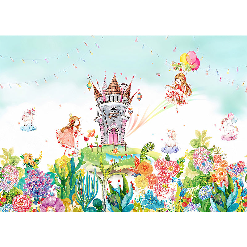 Enormous Illustration Contemporary Mural Wallpaper for Kids with Castle and Princess Pattern in Pink and Green