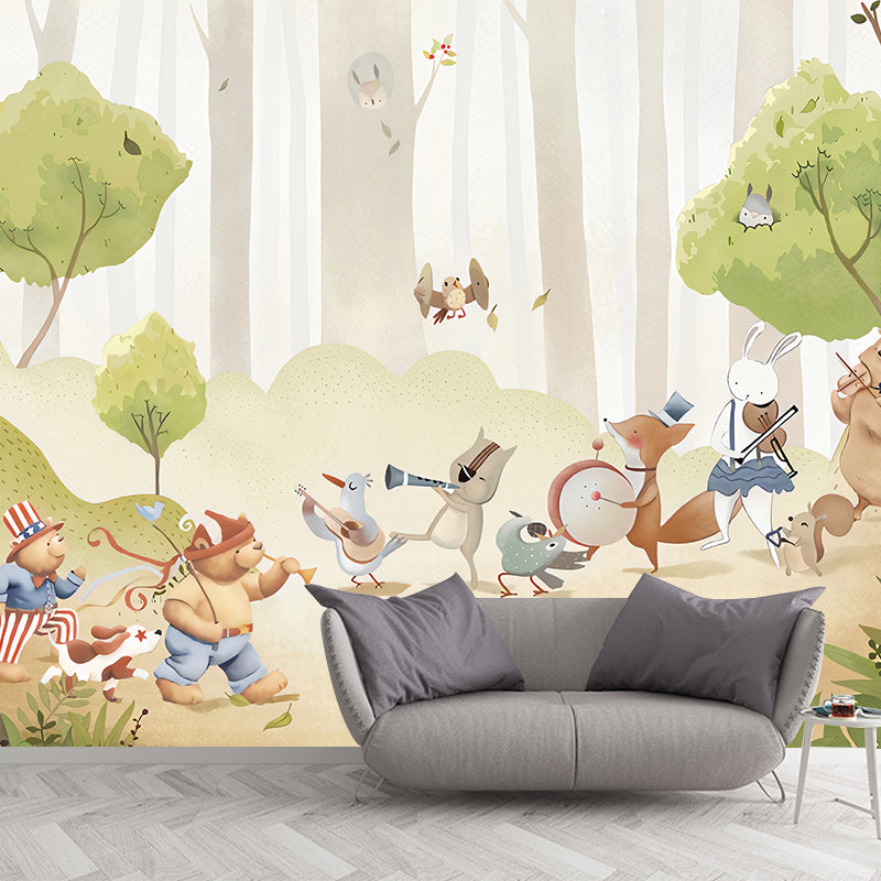 Whole Animal and Forest Mural Wallpaper for Kid Cartoon Design Wall Covering in Green, Stain-Resistant