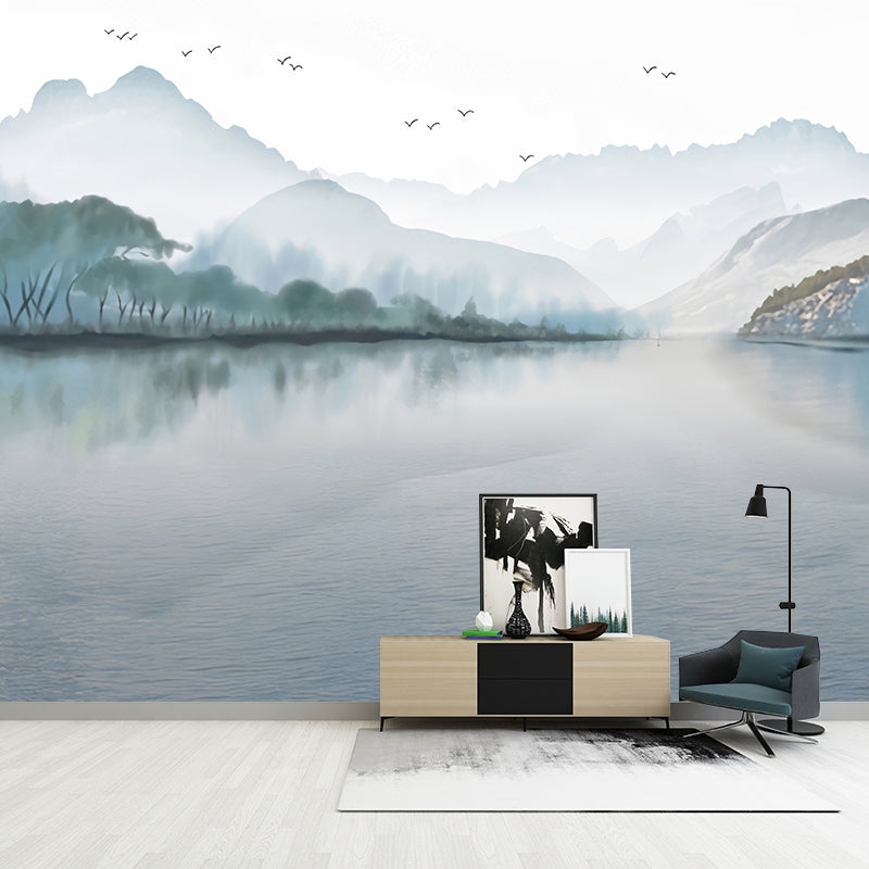 Whole Mountain and Lake Mural in Blue Non-Woven Material Wall Decor for Guest Room, Custom-Made