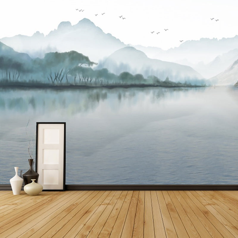 Whole Mountain and Lake Mural in Blue Non-Woven Material Wall Decor for Guest Room, Custom-Made