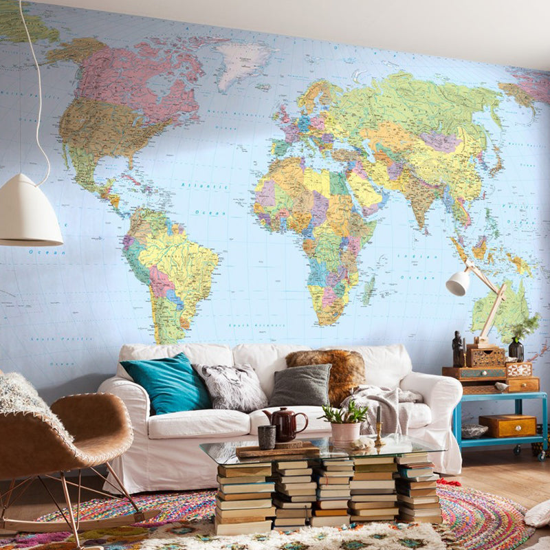 Big Minimalist Wall Mural Decal in Blue and Green World Map Wall Covering, Made to Measure
