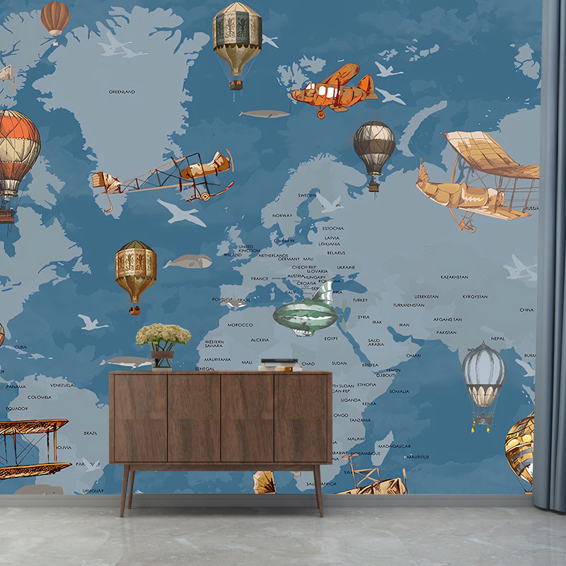 Whole Illustration Contemporary Wall Mural Extra Large Wall Art for Children with World Map and Balloon Design in Soft Color