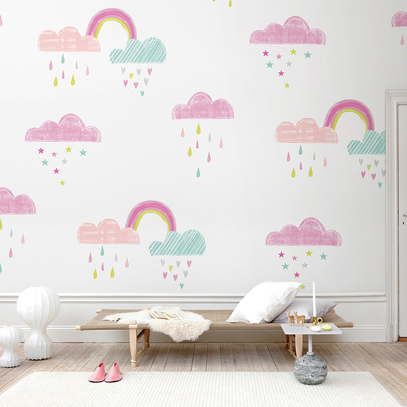 Simplicity Rain and Cloud Mural for Kid's Bedroom, Custom-Made Wall Decor in Pastel Color