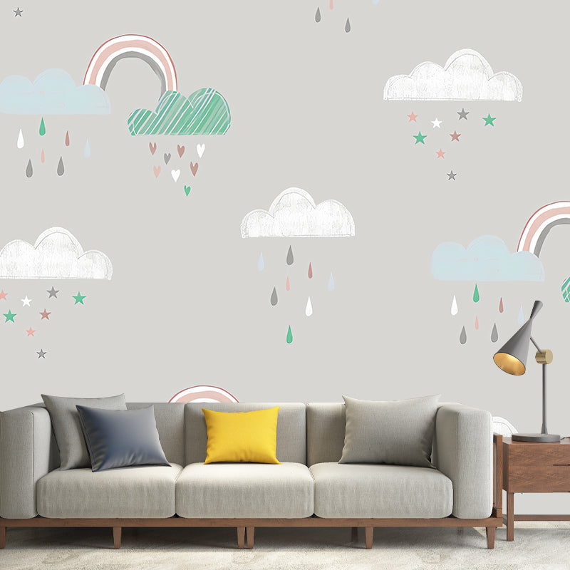 Schlichtes Regen- und Wolken-Wandbild für das Kinderzimmer, maßgeschneiderte Wanddekoration in Pastellfarben