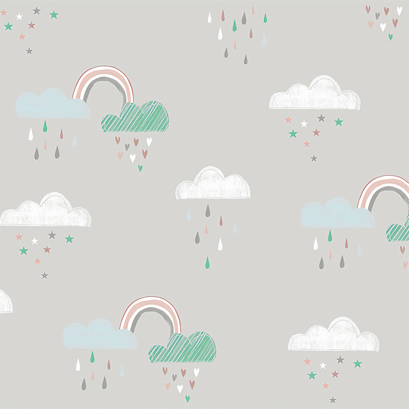Schlichtes Regen- und Wolken-Wandbild für das Kinderzimmer, maßgeschneiderte Wanddekoration in Pastellfarben