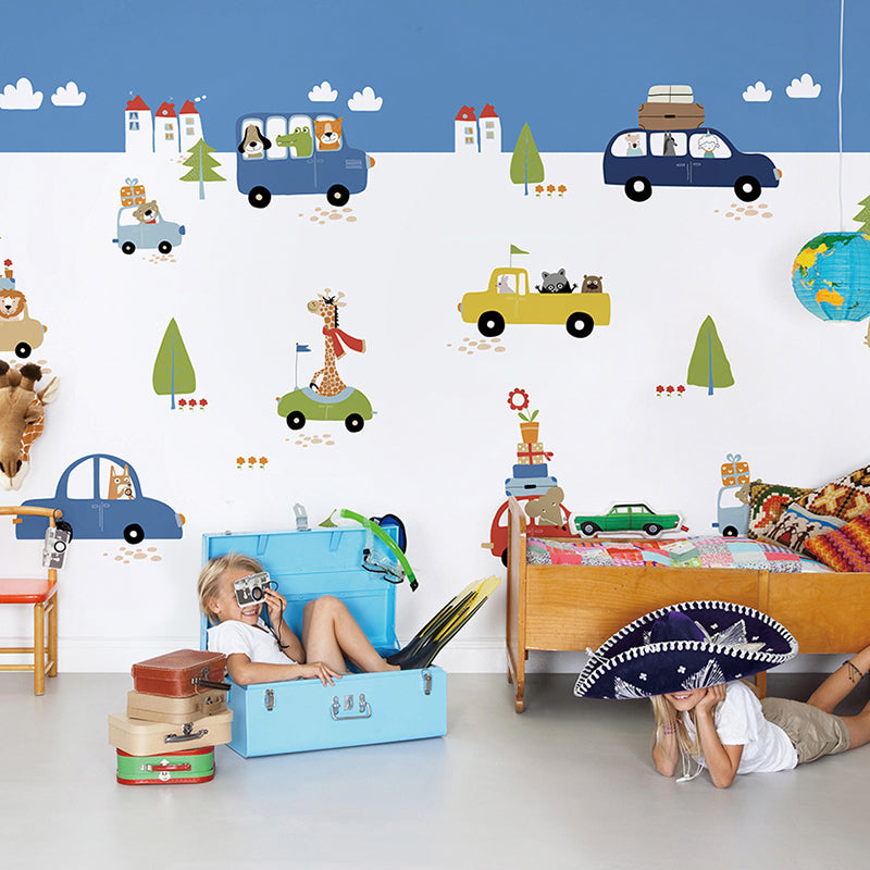 Enormous Illustration Contemporary Mural Wallpaper for Kids with Cartoon Car and Bus Design in Natural Color