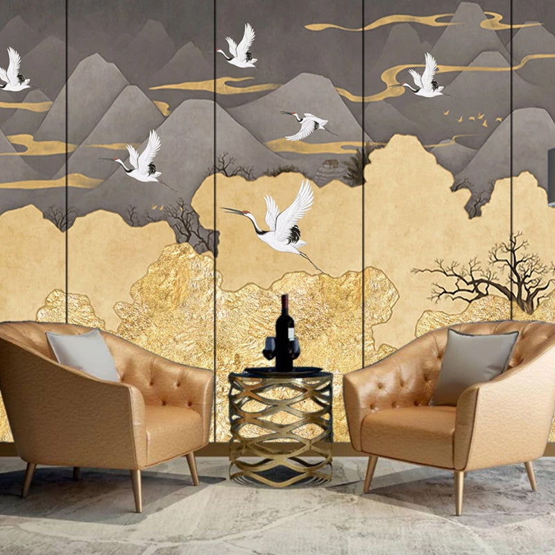 Big Crane and Mountain Mural Wallpaper in Grey and Yellow Non-Woven Fabric Wall Art for Bedroom, Custom-Made