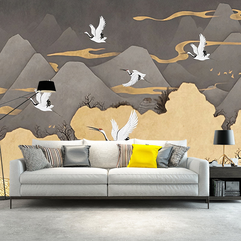 Big Crane and Mountain Mural Wallpaper in Grey and Yellow Non-Woven Fabric Wall Art for Bedroom, Custom-Made