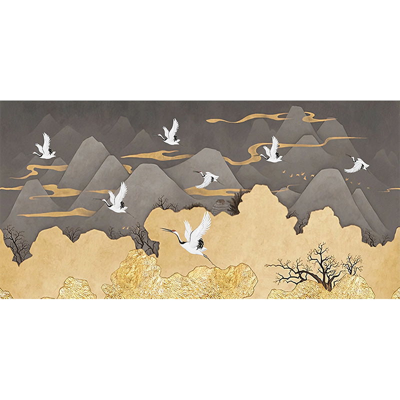 Big Crane and Mountain Mural Wallpaper in Grey and Yellow Non-Woven Fabric Wall Art for Bedroom, Custom-Made