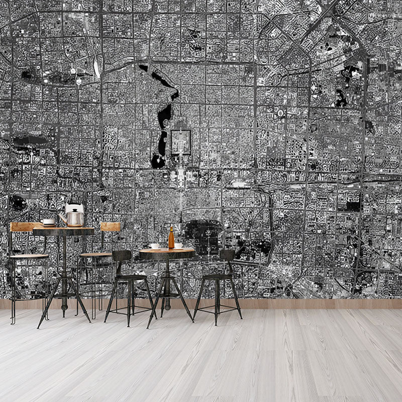 Dark Grey Urban Map Mural Wallpaper Stain-Resistant Wall Covering for Accent Wall