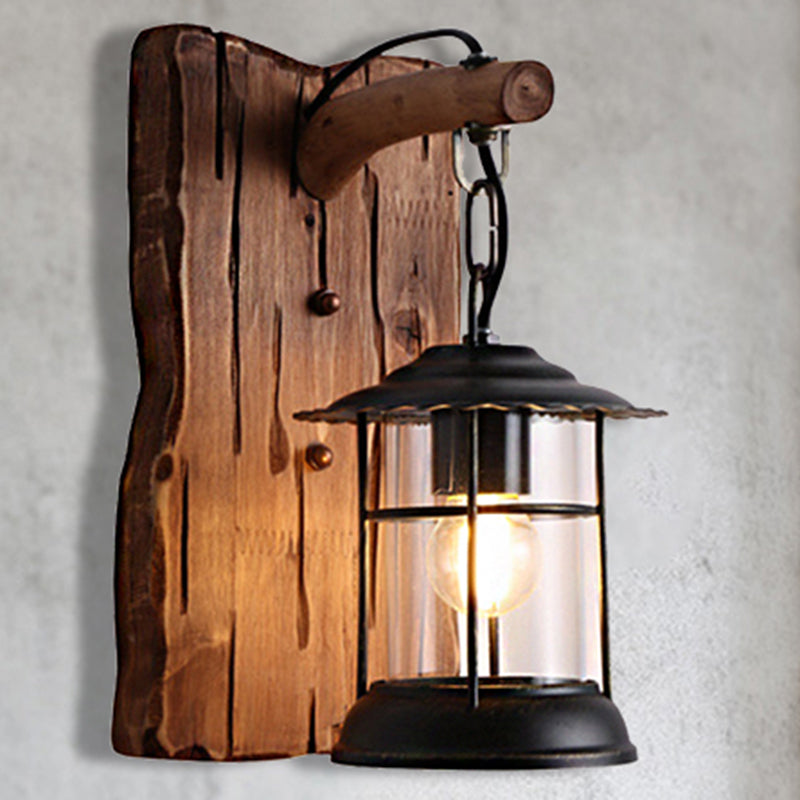 Kerosene Dining Room Wall Lighting Fixture Antiqued Clear Glass 1-Head Brown Sconce with Wood Leaf/Key Backplate