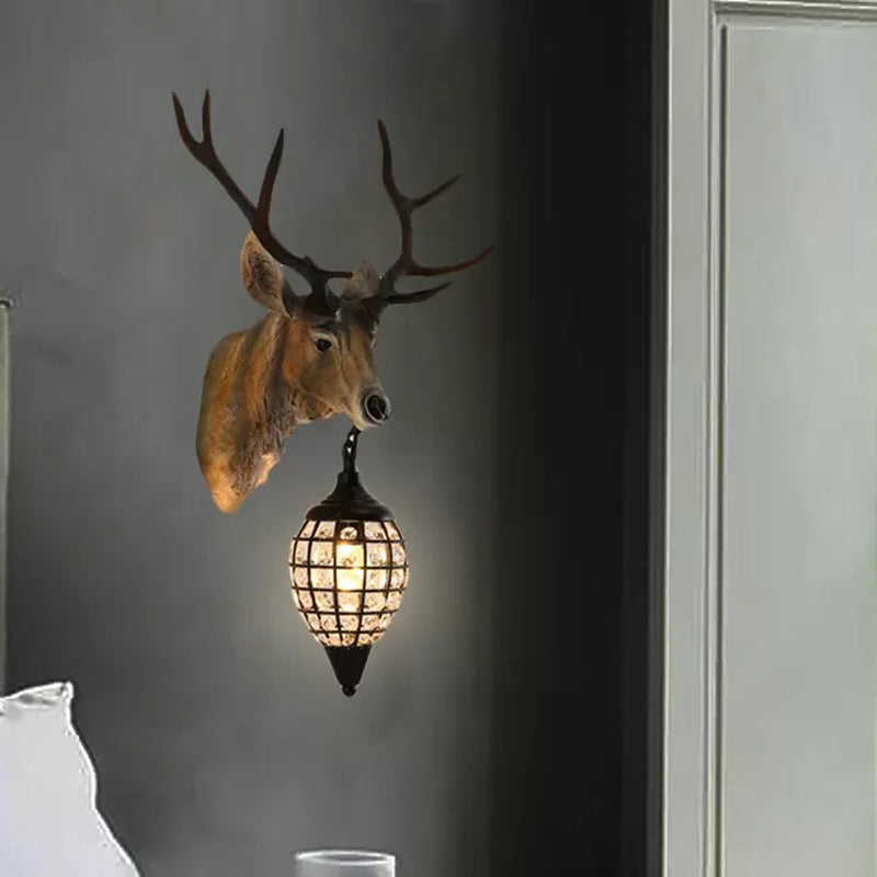 Farmhouse Deer Head Wall Lamp Single-Bulb Resin Sconce Lighting in Brown/Gold with Crystal Shade