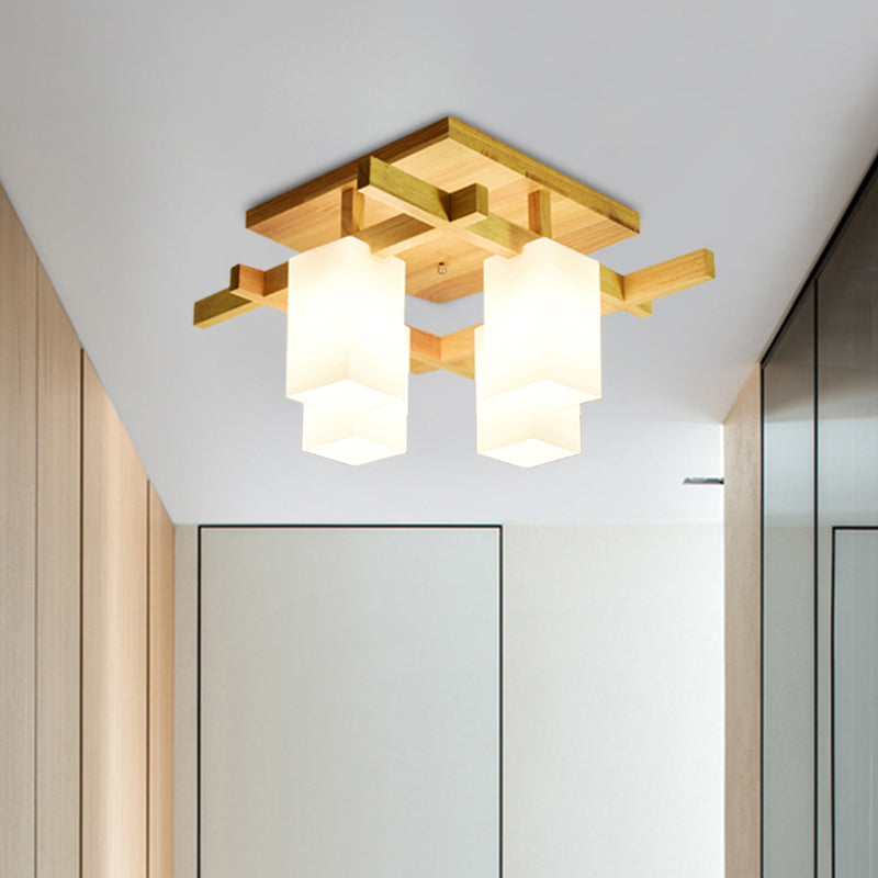 Milk Glass Cuboid Ceiling Lamp Contemporary 4/6/8 Lights LED Flush Ceiling Light in White for Living Room