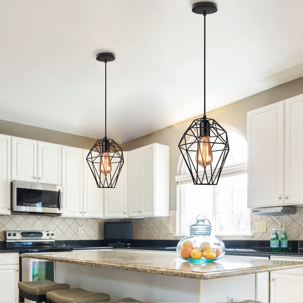 1 Head Wire Cage Ceiling Pendant Light Industrial Black Metallic Ceiling Fixture with Geometric Shade