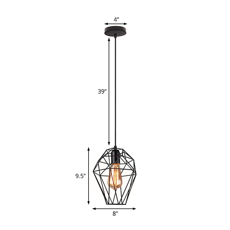 1 Head Wire Cage Ceiling Pendant Light Industrial Black Metallic Ceiling Fixture with Geometric Shade