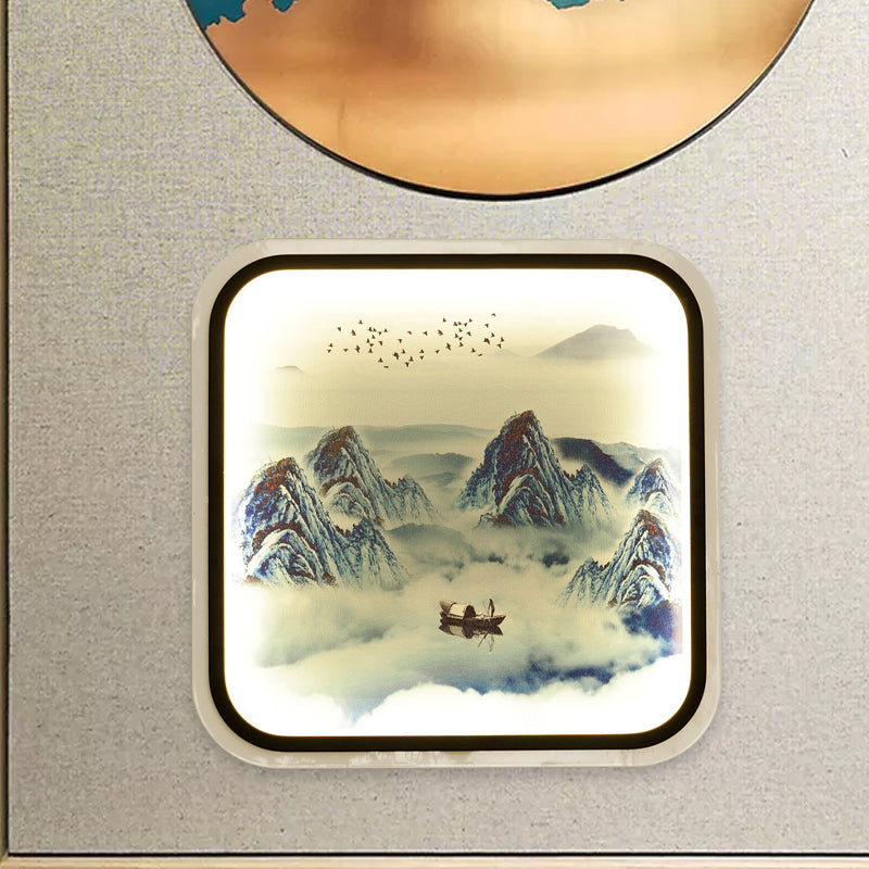 Bergpatroon vierkante muurschildering lamp Chinese stijl stof grijs/blauwe led spoeling mount wandlicht voor woonkamer