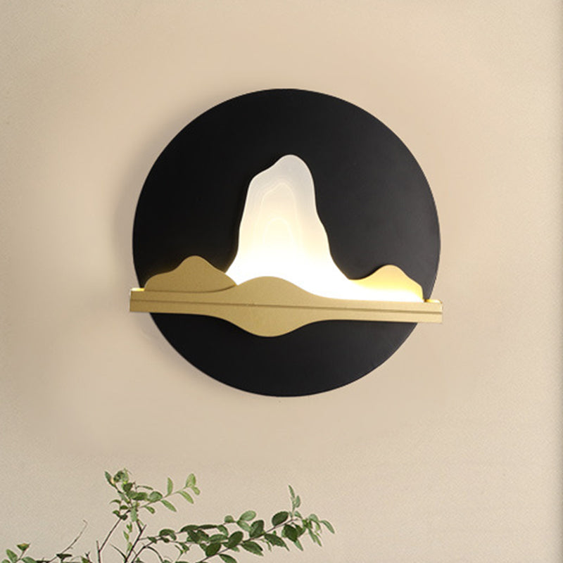 Asian LED Flush Wall Sconce Black-Gold Mountain and River Wall Mural Light with Iron Shade