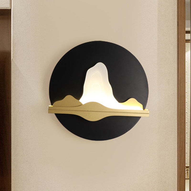 Asian LED Flush Wall Sconce Black-Gold Mountain and River Wall Mural Light with Iron Shade